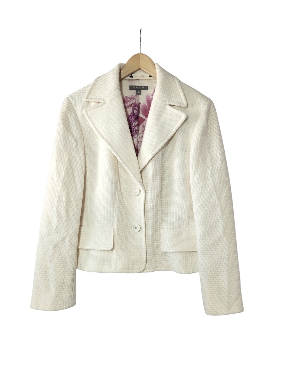 Ann Taylor Ivory Wool Blazer Jacket Lined Button Pockets Long Sleeve Size 14